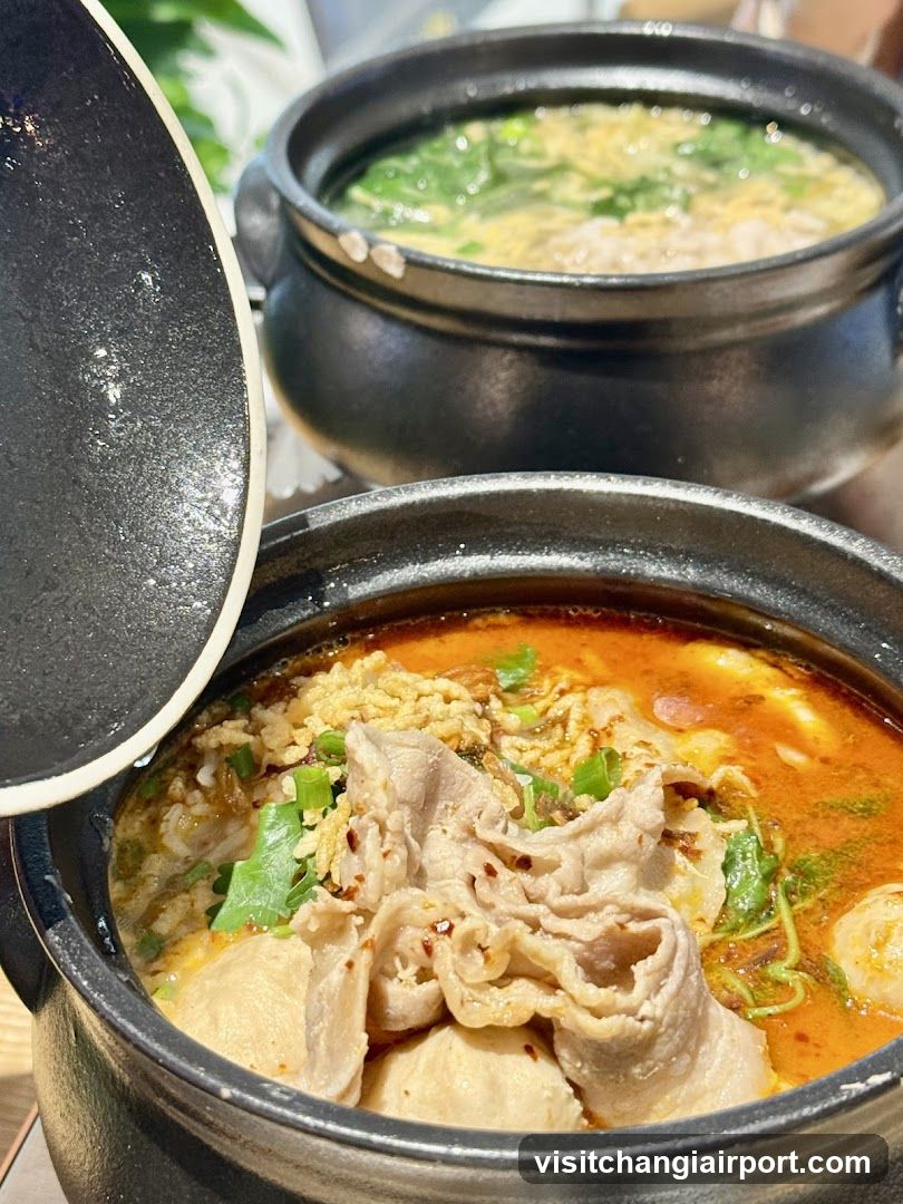 Pot of Hot Soup with Meat and Greens