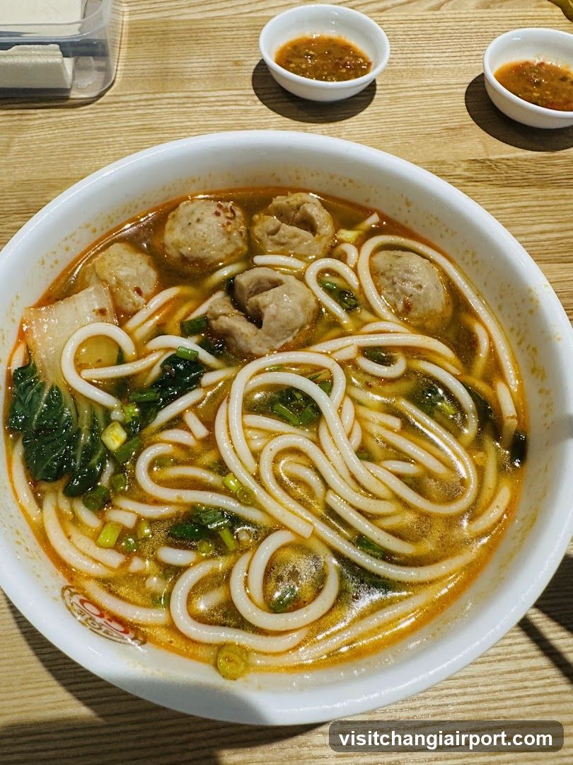 Bowl of Noodles with Meatballs and Vegetables