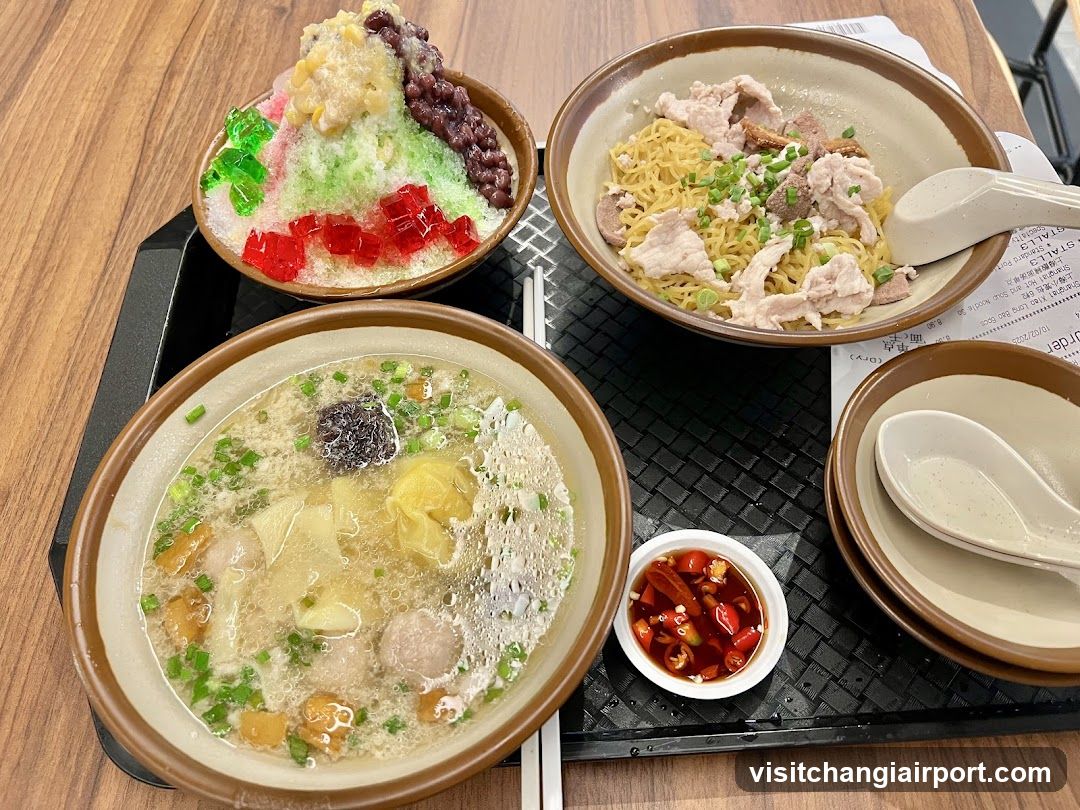 Food Tray with Noodles and Dessert