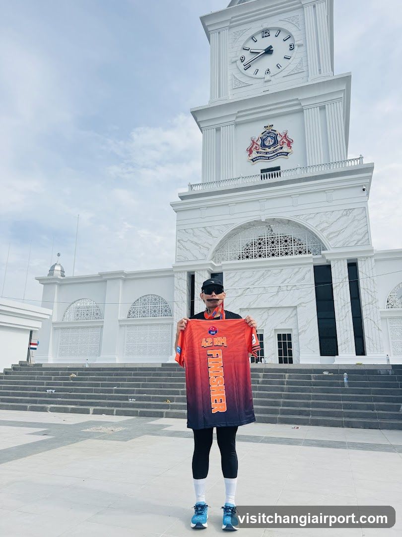 Person holding football jersey in front of clock tower