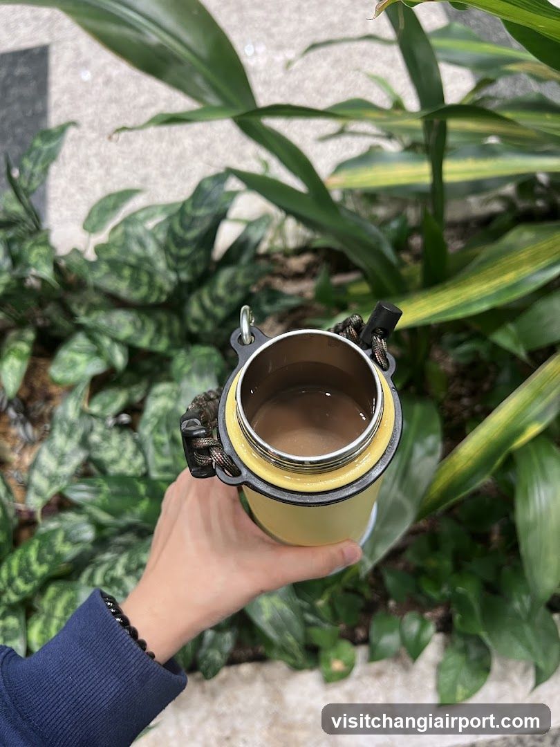 Hand holding a yellow insulated cup with plants in background