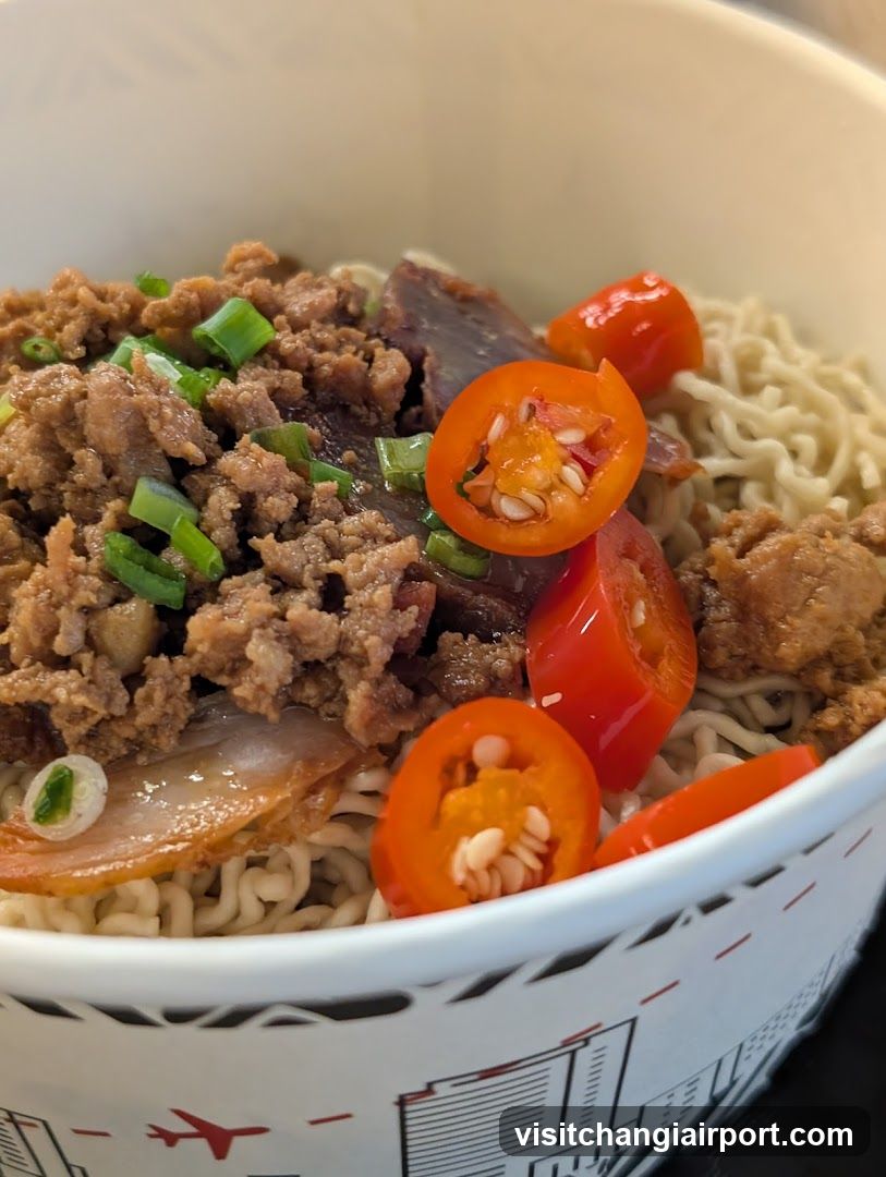 Spicy Noodle Bowl with Minced Meat and Chili Peppers