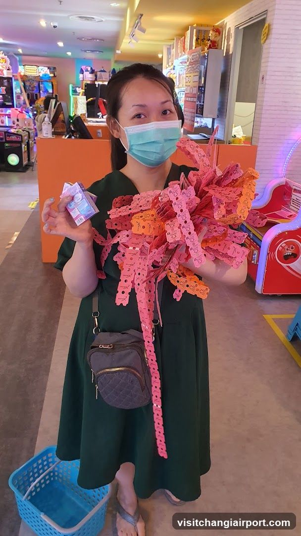 Woman holding game tickets in arcade