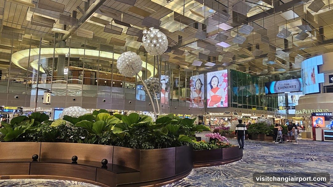 Airport Terminal Interior with Decorative Plants and Mirrored Ceiling
