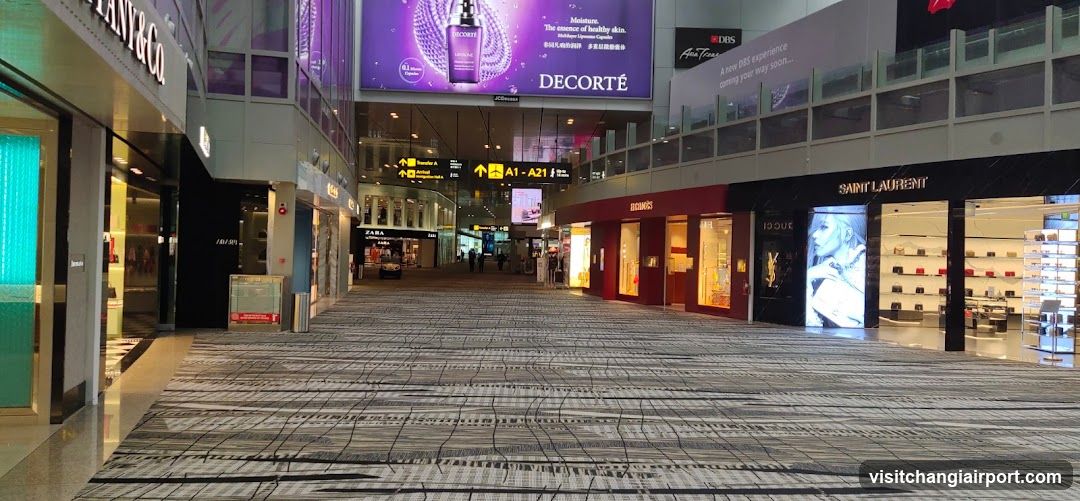 Shopping Mall Interior with Storefronts and Digital Displays