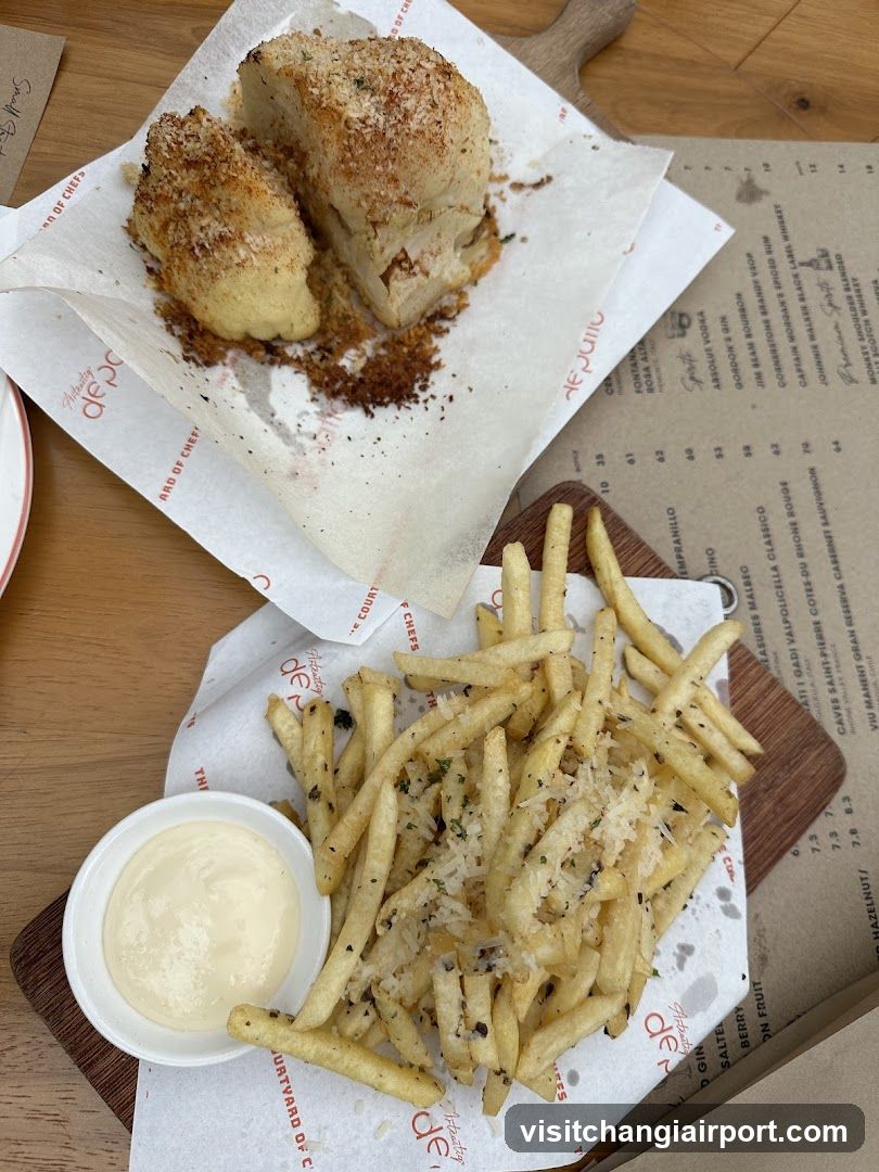 Food spread with fries and breaded item