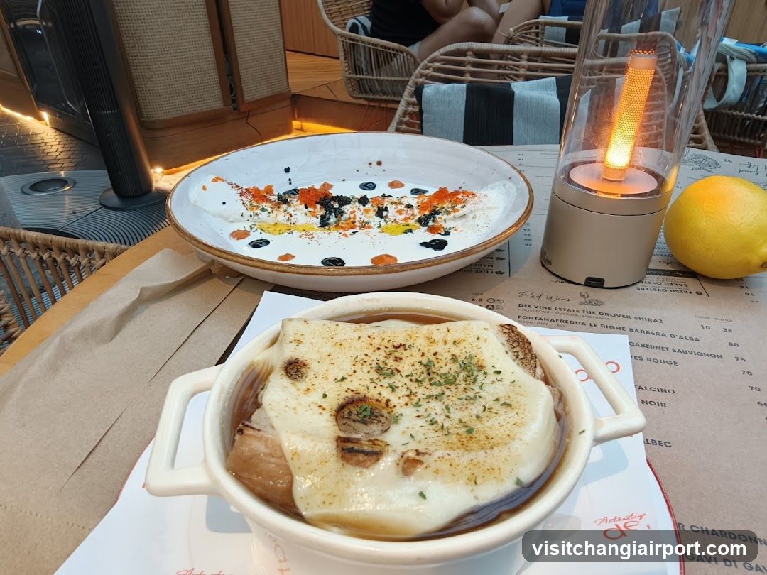 Dining Table with French Onion Soup and Salad