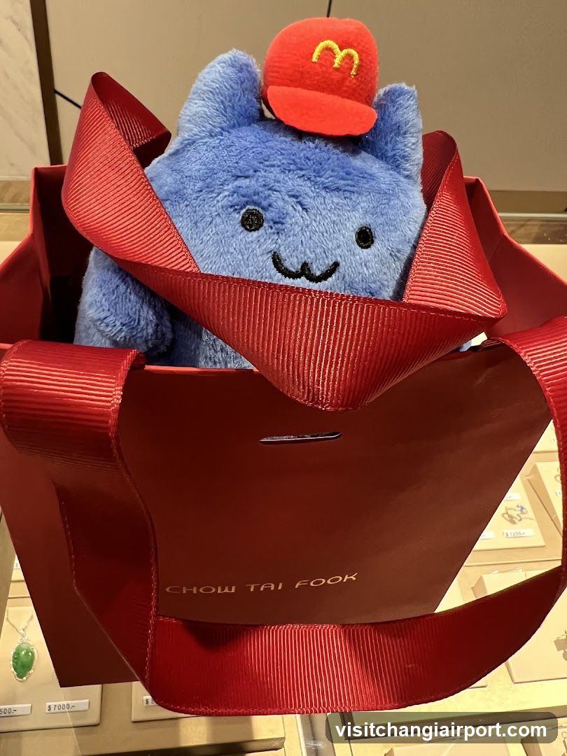 Blue plush toy in red bag