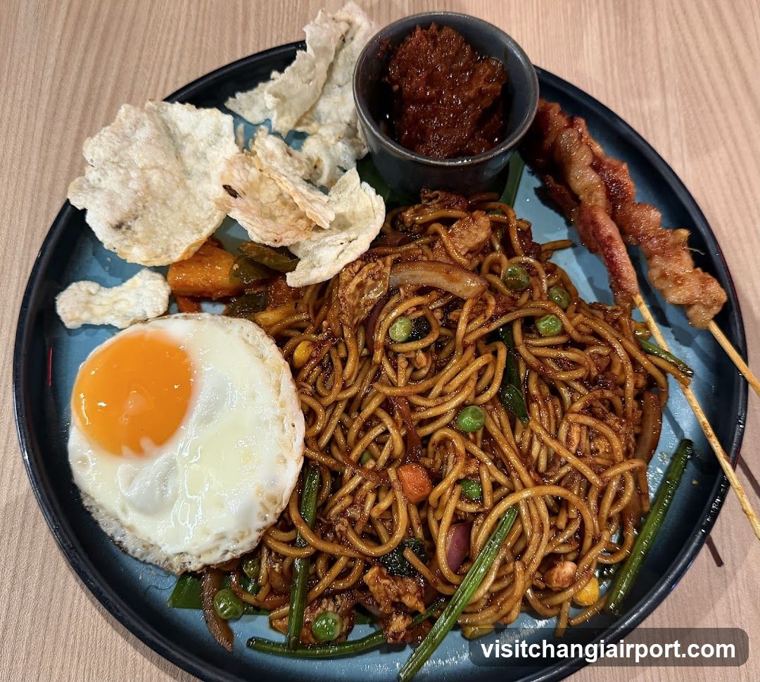 Noodle Plate with Fried Egg and Satay Skewers