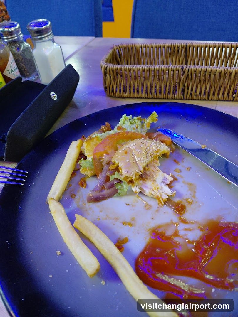 Half-eaten meal on a blue plate