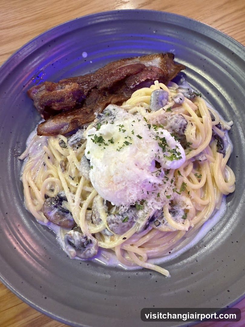 Creamy Mushroom Pasta with Bacon and Poached Egg