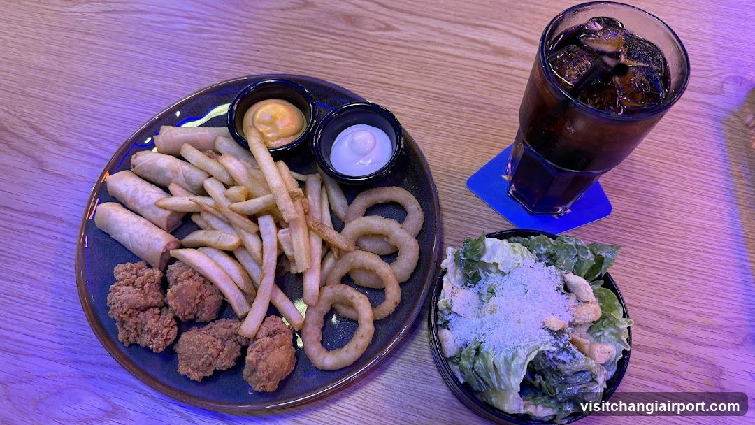 Food Plate with Fries, Spring Rolls, Chicken Tenders, Onion Rings, Salad and Drink