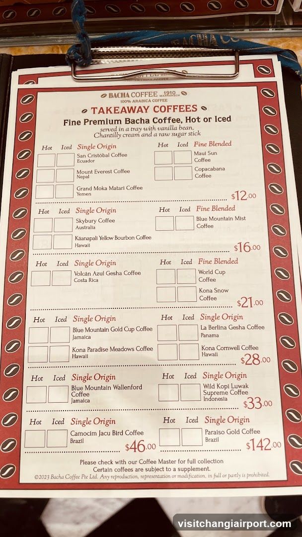 Bacha Coffee Takeaway Menu