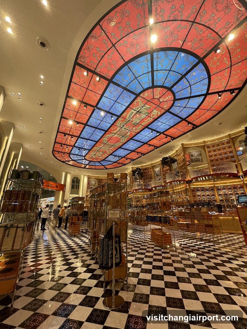 Interior of a decorative store with stained-glass ceiling