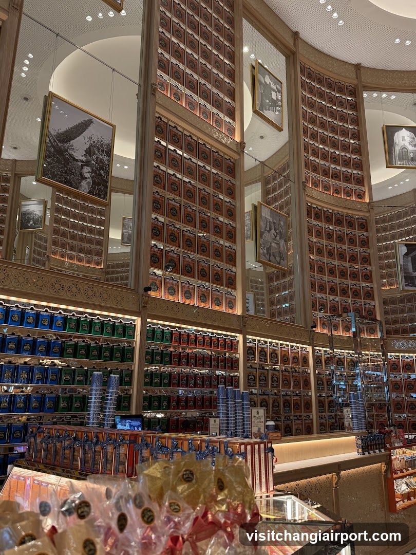 Interior of a traditional shop with wooden shelves and framed photos