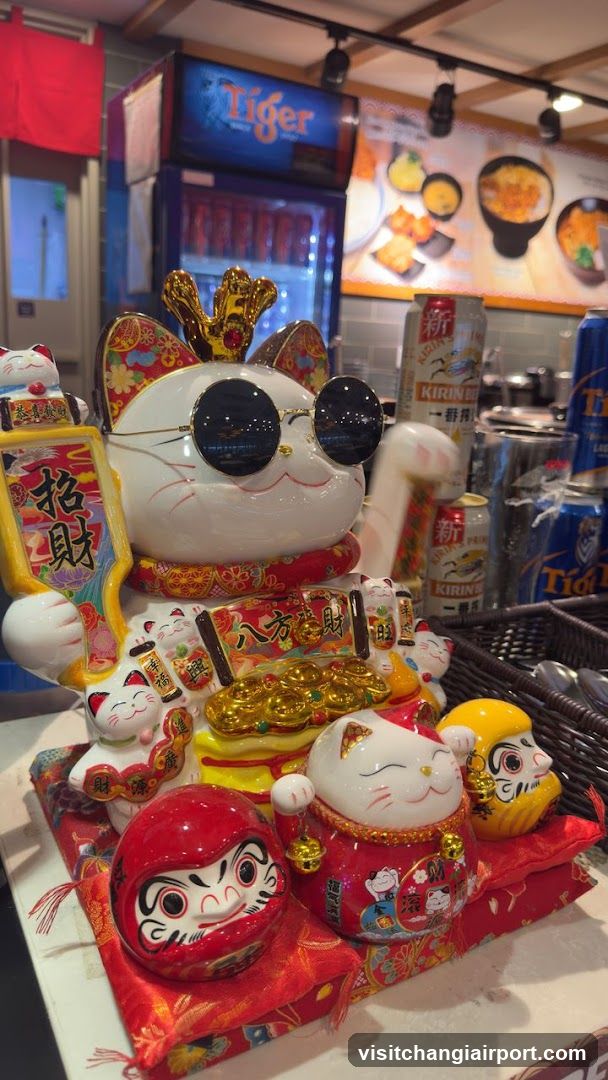 Lucky Cat Display with Daruma Dolls and Beer Cans