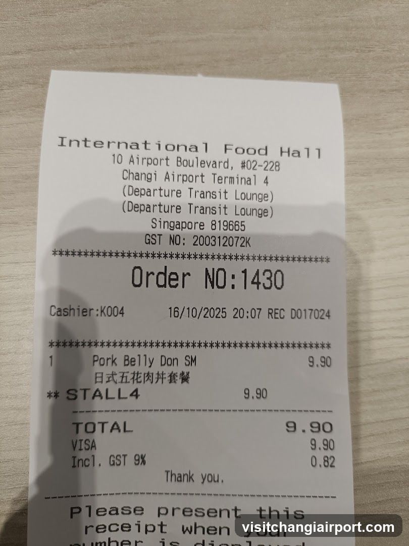 Receipt from Changi Airport Terminal 4 Food Hall