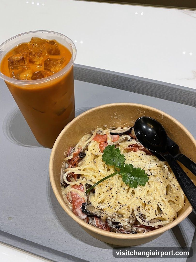Pasta and Iced Coffee Meal