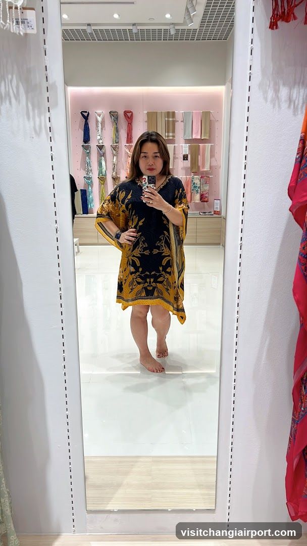Woman trying on patterned dress in store mirror