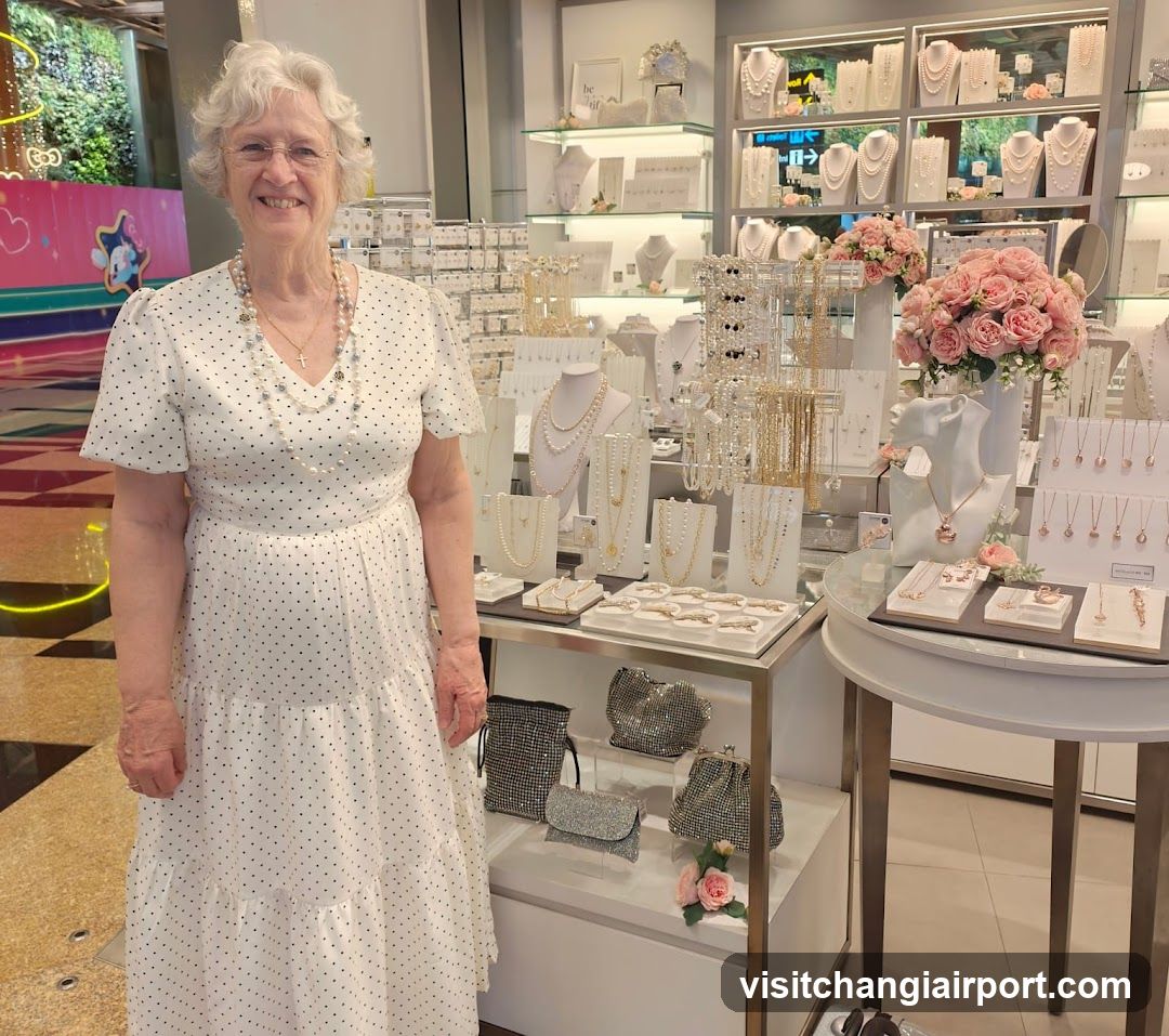 Woman in Polka Dot Dress at Jewelry Store