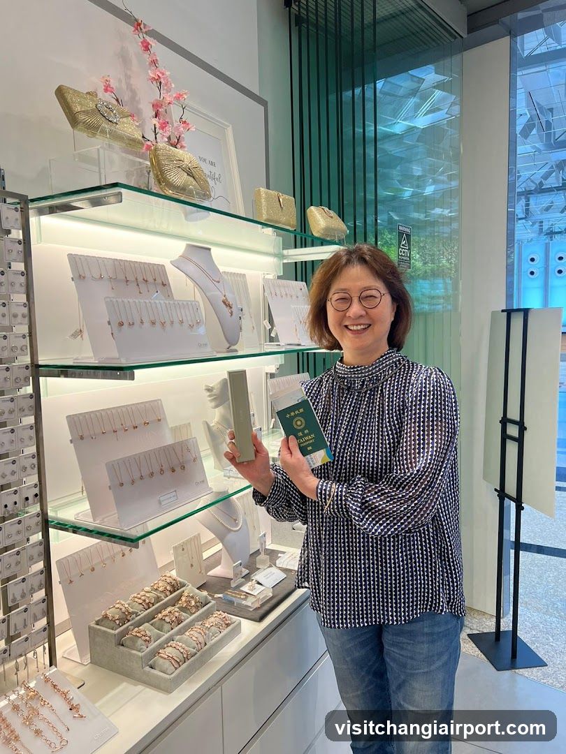 Woman holding passport in jewelry store