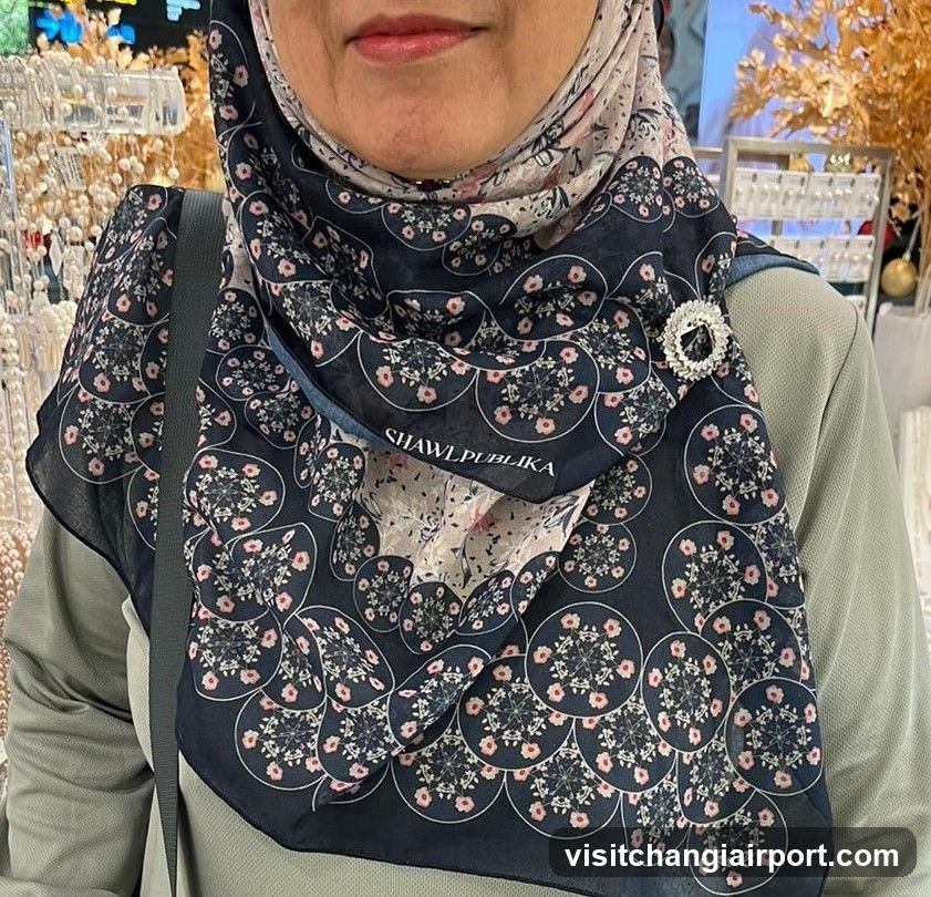 Woman wearing floral scarf in store