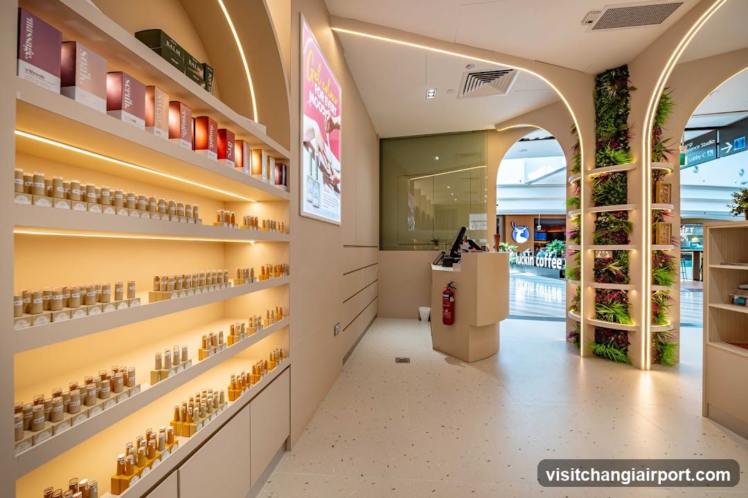 Interior of a modern retail store with product displays and entrance
