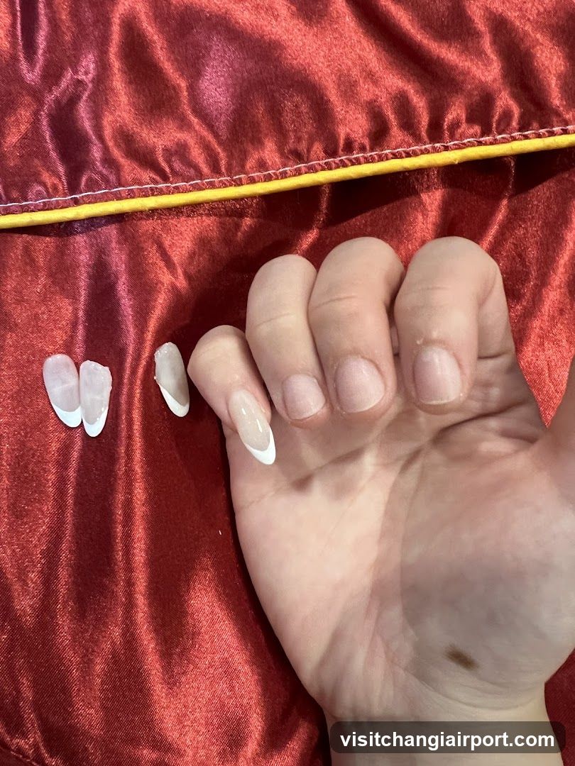 Hand with French Manicure and Fake Nails on Red Fabric Background