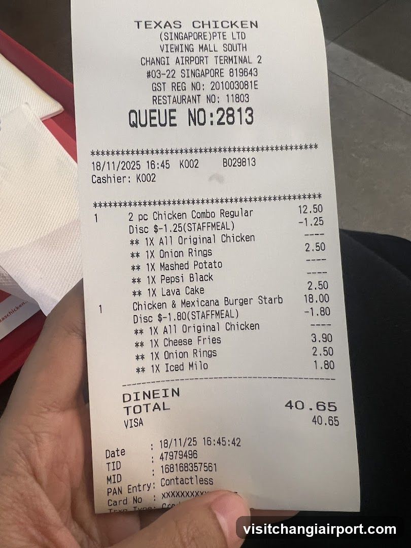 Receipt from Texas Chicken Changi Airport Terminal 2
