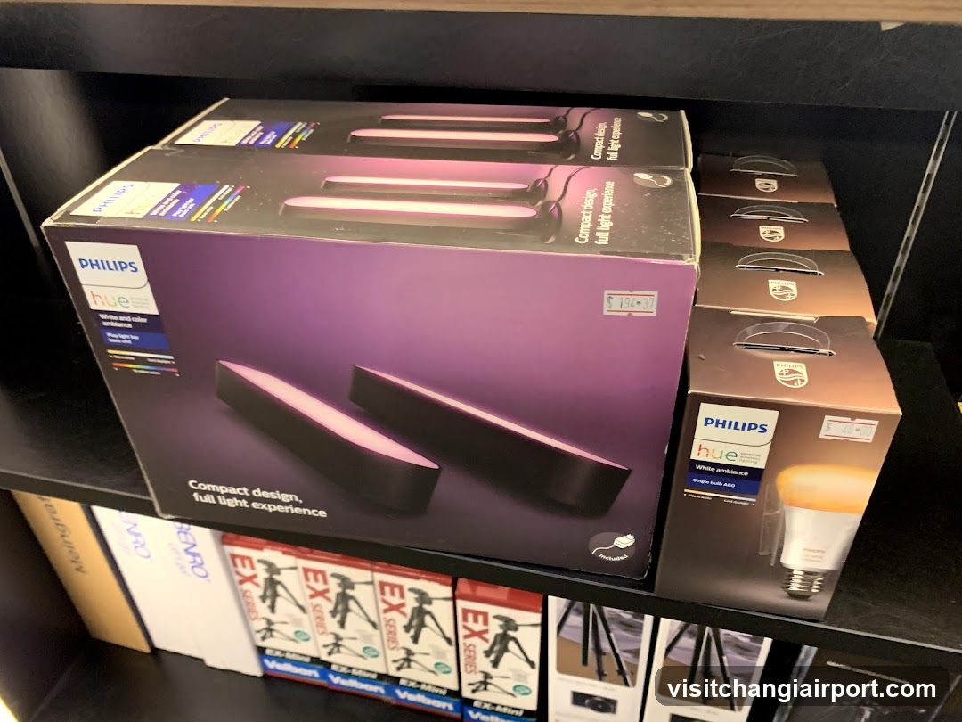 Philips Hue and other electronics on shelf