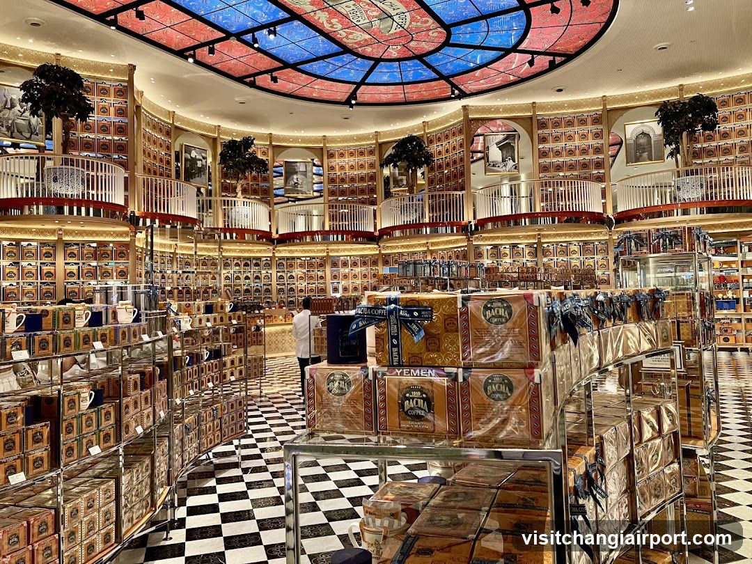 Interior of a tea shop with stained glass ceiling