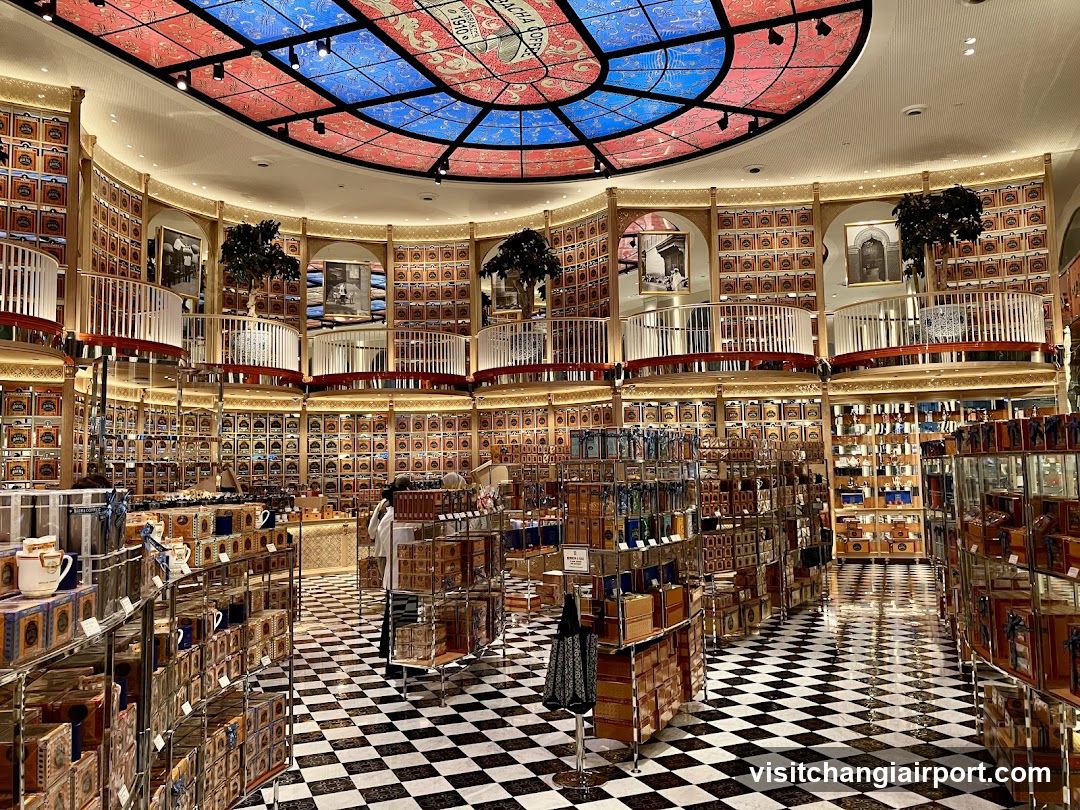 Interior of a luxury shop with stained glass ceiling