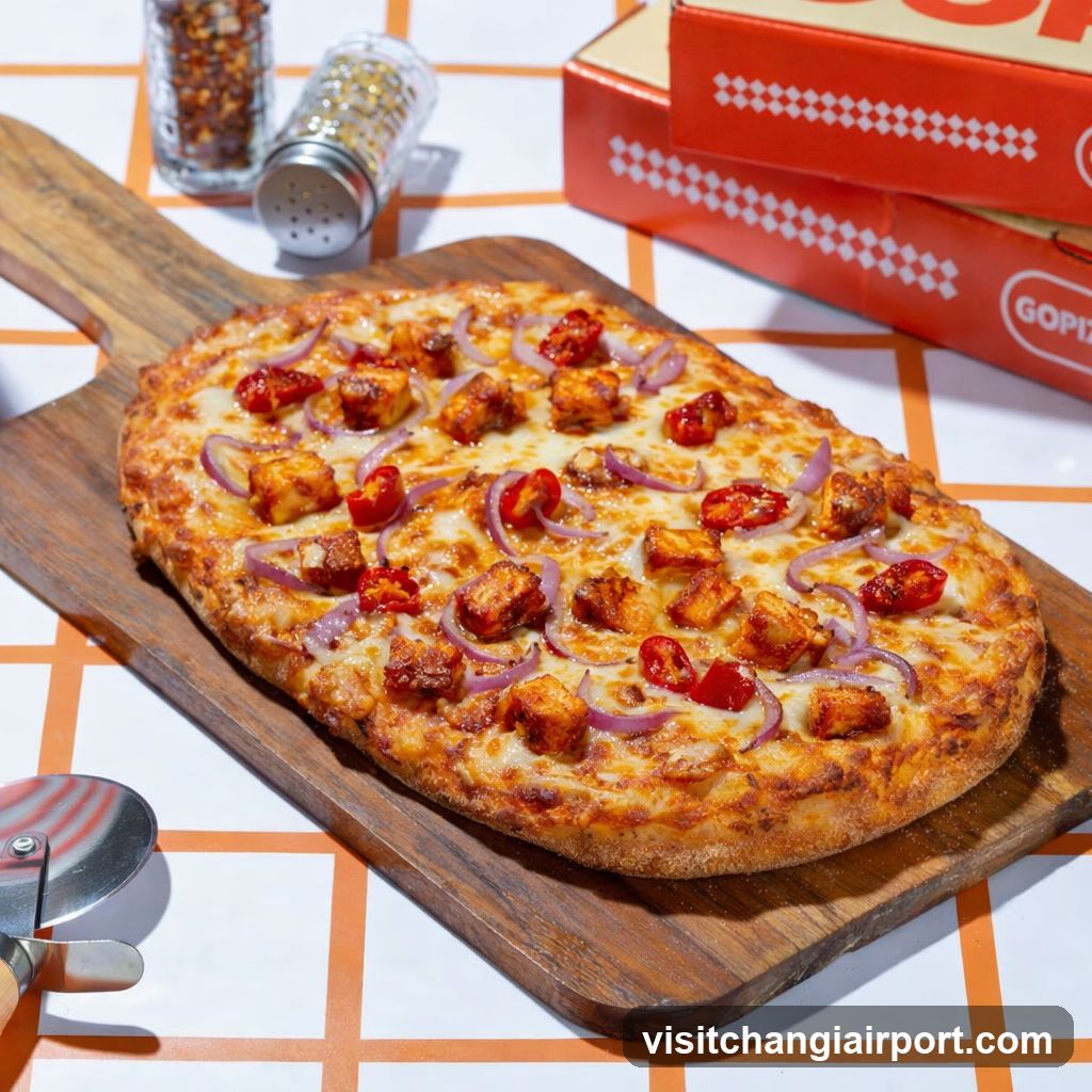 Pizza on Wooden Board with Seasoning Shakers and Boxes