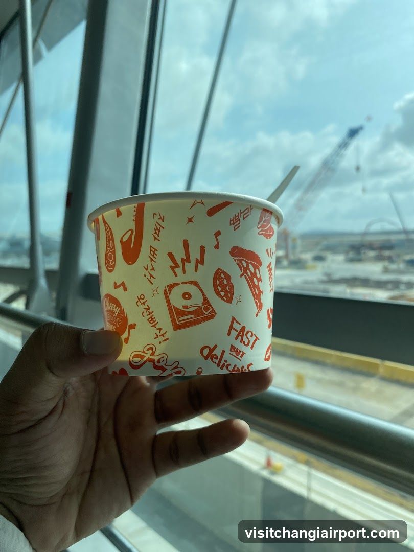 Hand holding a food cup near window