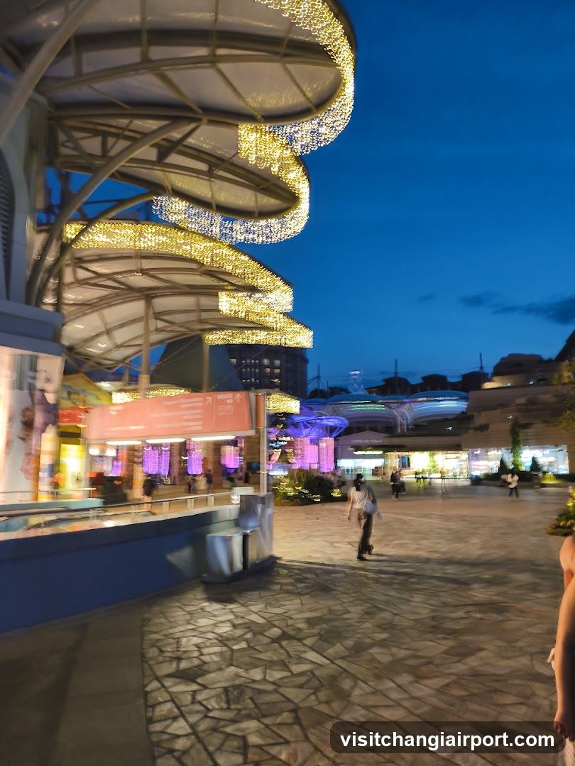 Evening at a modern shopping plaza