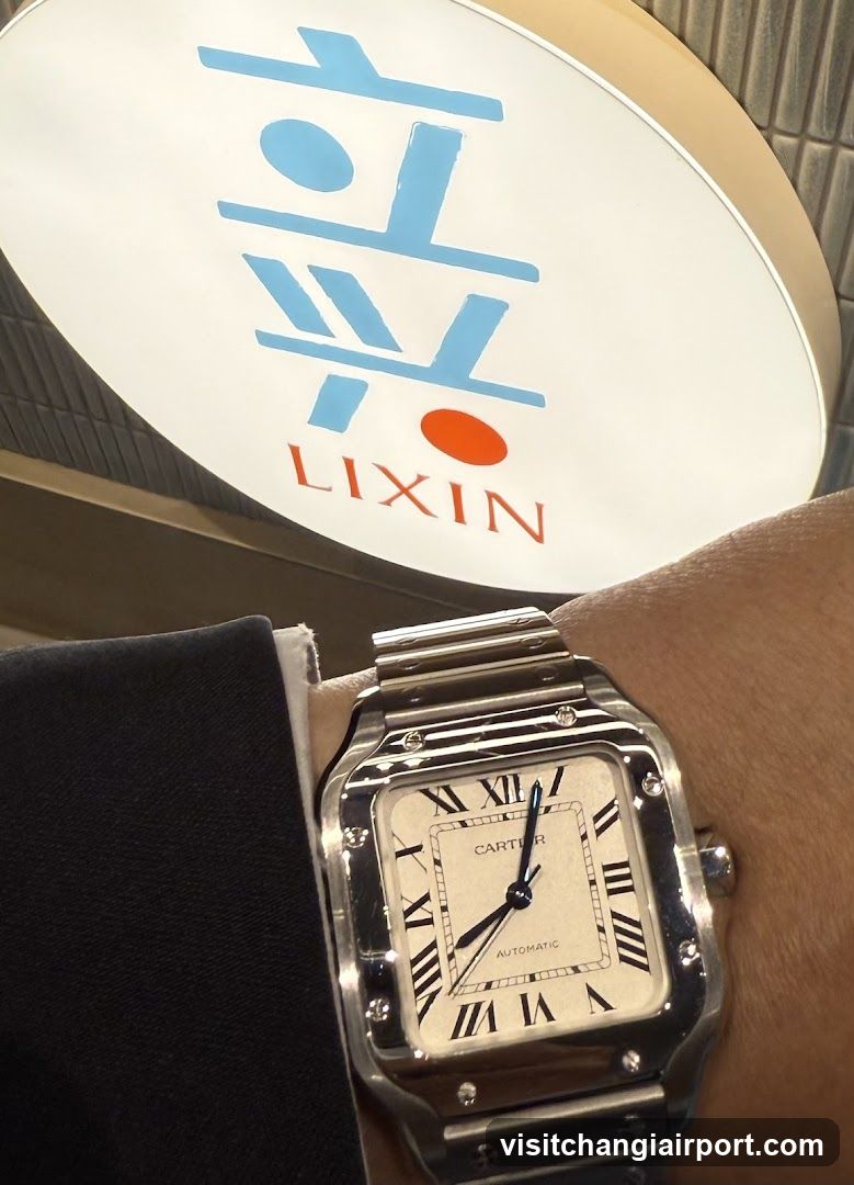 Cartier watch on wrist with LIXIN sign in background