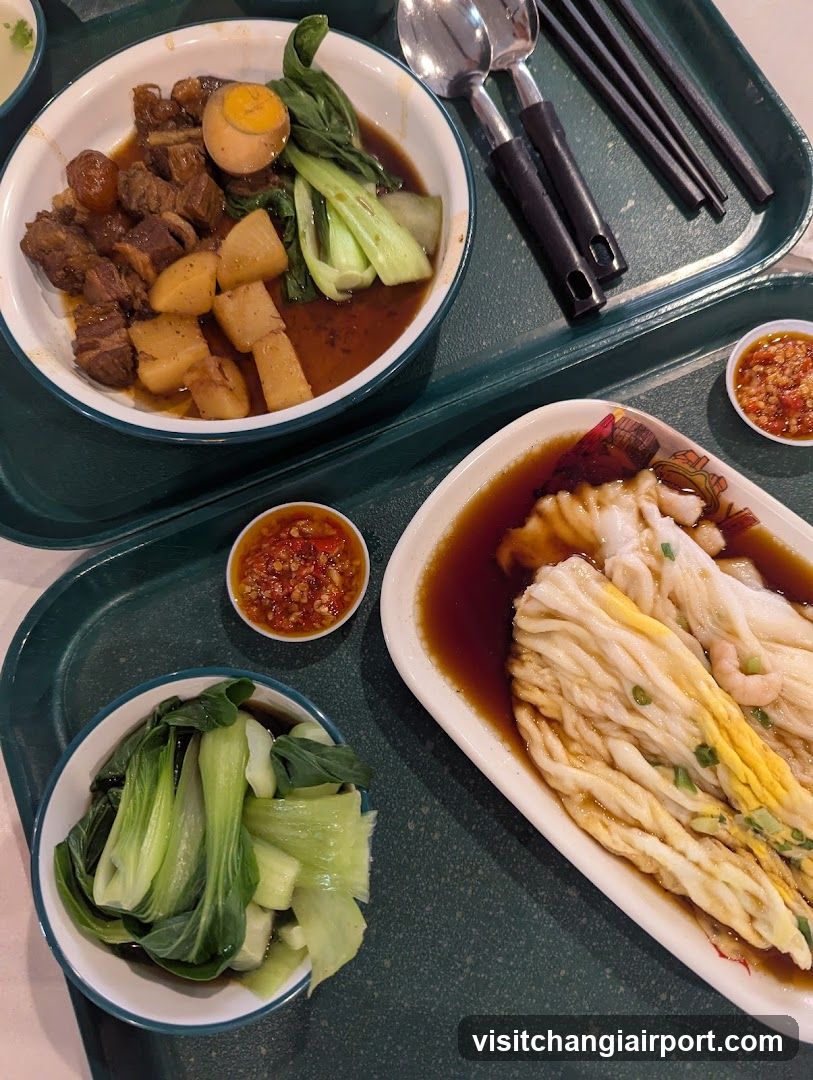 Cantonese-style meal with rice rolls and braised pork