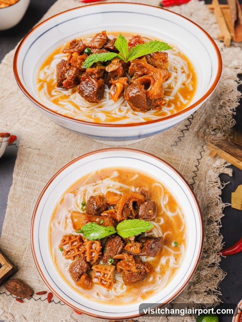 Braised Beef Noodles with Mint Garnish