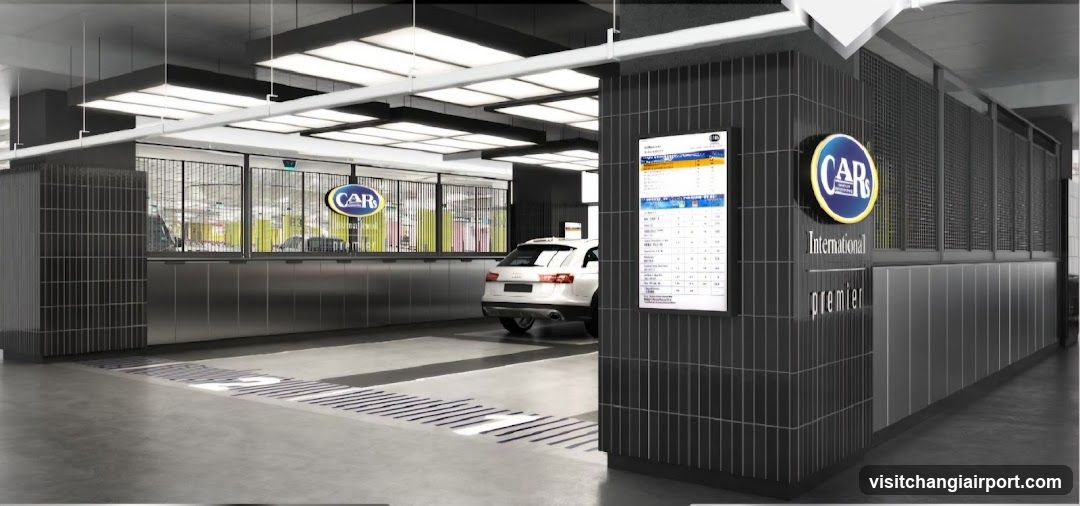 Interior of a car wash facility with modern lighting and branding. A white car is parked in the washing bay. Signage includes 'CAR' logo on pillars and a menu board displaying services like 'Premium Car Wash', 'Basic Car Wash', etc., though full text is small.