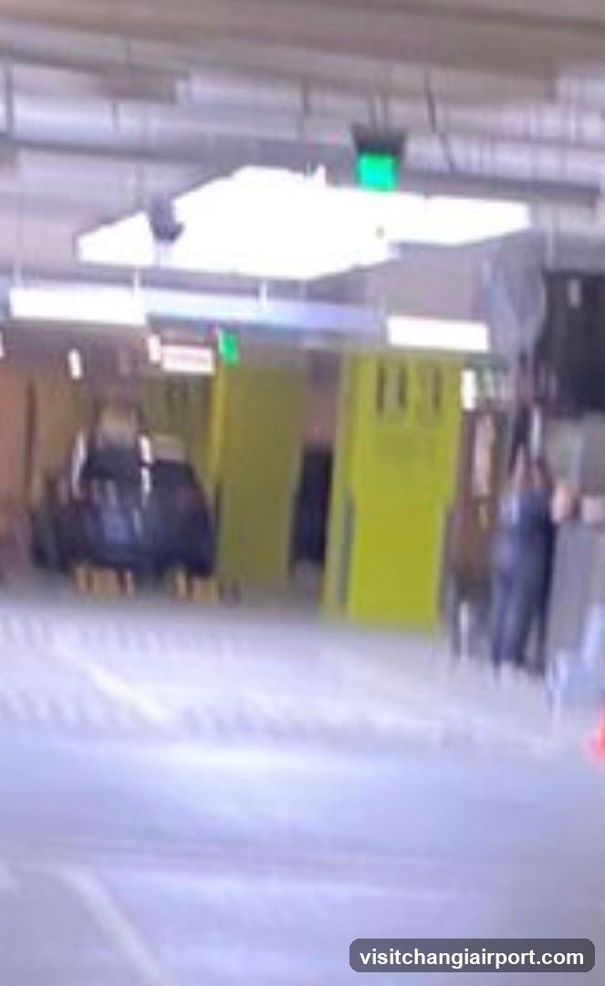The image shows an indoor parking area or garage with a concrete floor and ceiling. There are yellow vertical structures, possibly pillars or barriers, in the background. A person is visible on the right side, standing near a wall. The lighting is artificial, coming from overhead fixtures. No shop signage or menu boards are present.
