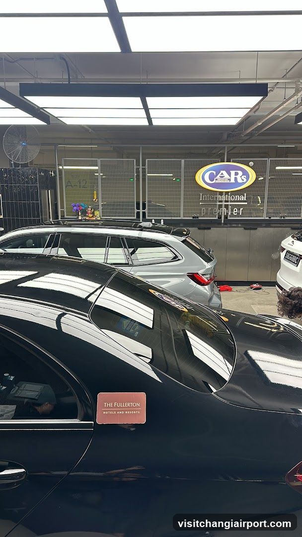 Interior view of a car detailing or wash shop with multiple vehicles parked inside. A black sedan in the foreground has a 'The Fullerton Hotels and Resorts' sticker on its door. Behind it, a silver SUV is visible near a counter area. In the background, there is a sign reading 'CARs International Premier'. The space includes industrial lighting, metal fencing, and equipment mounted on walls.