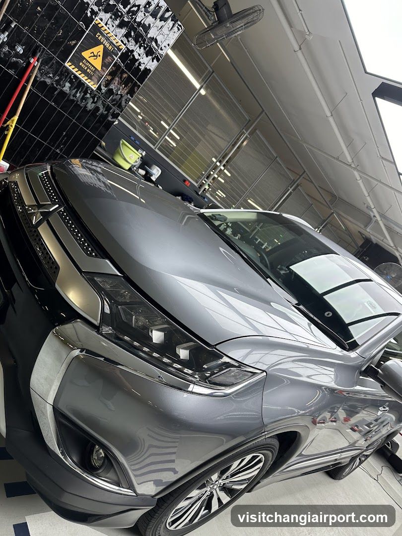 A gray SUV is parked inside a well-lit workshop or garage. The car's sleek design and shiny exterior are visible, with reflections on its surface. In the background, there is a wall with safety signs and equipment, including a yellow caution sign and a fan mounted on the ceiling. The environment suggests a professional automotive service or detailing shop.