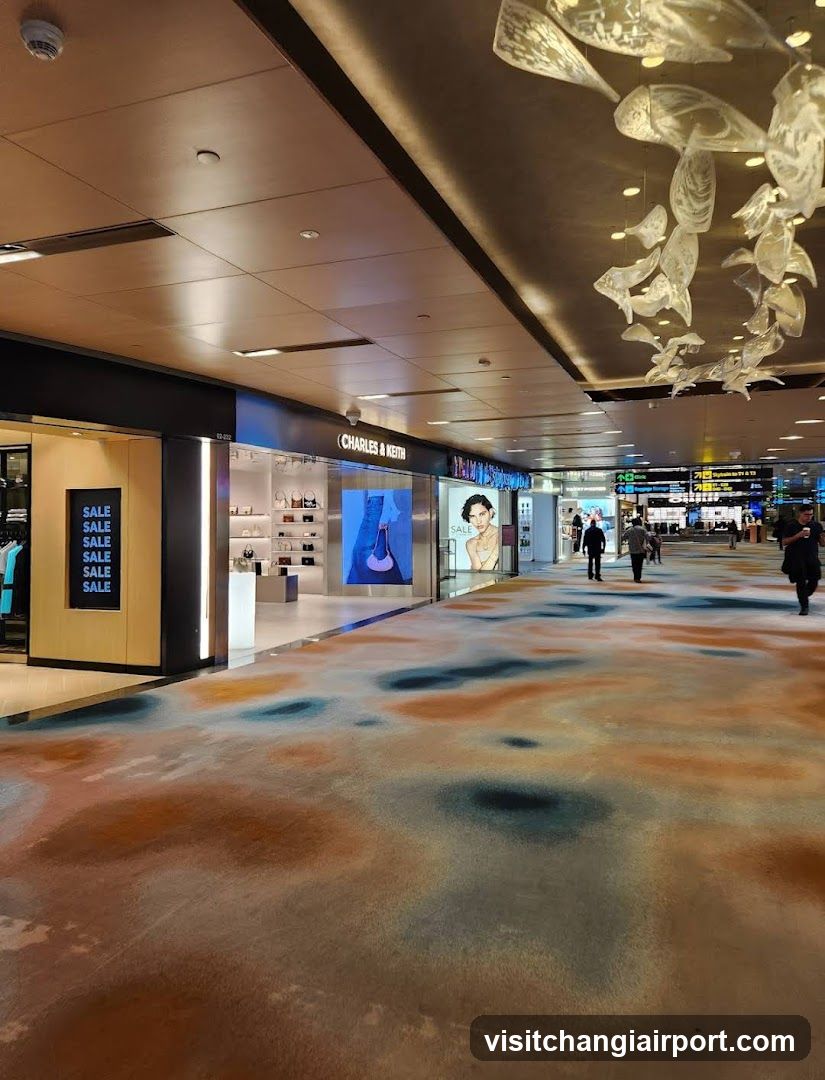 Shopping Mall Interior with Storefronts and Decorative Ceiling Installations