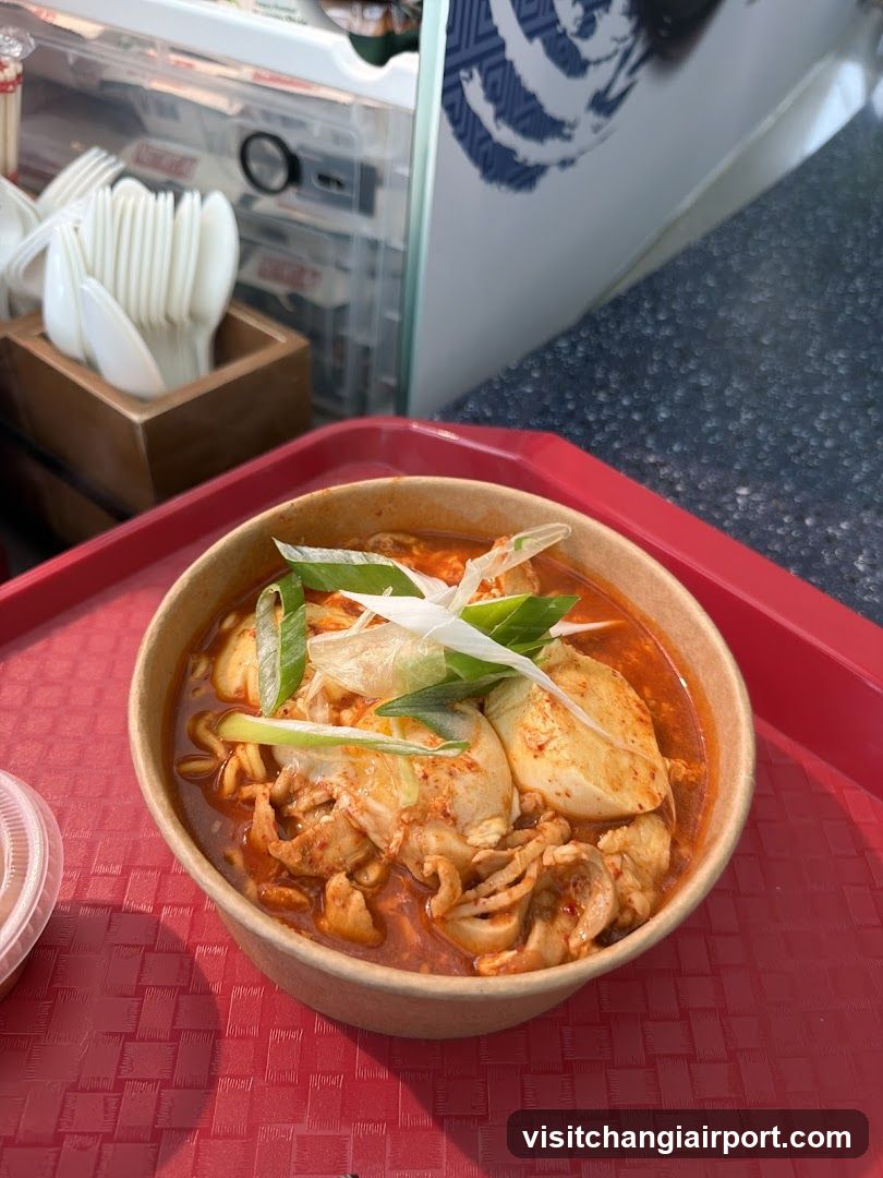 Bowl of spicy noodle dish with green onions
