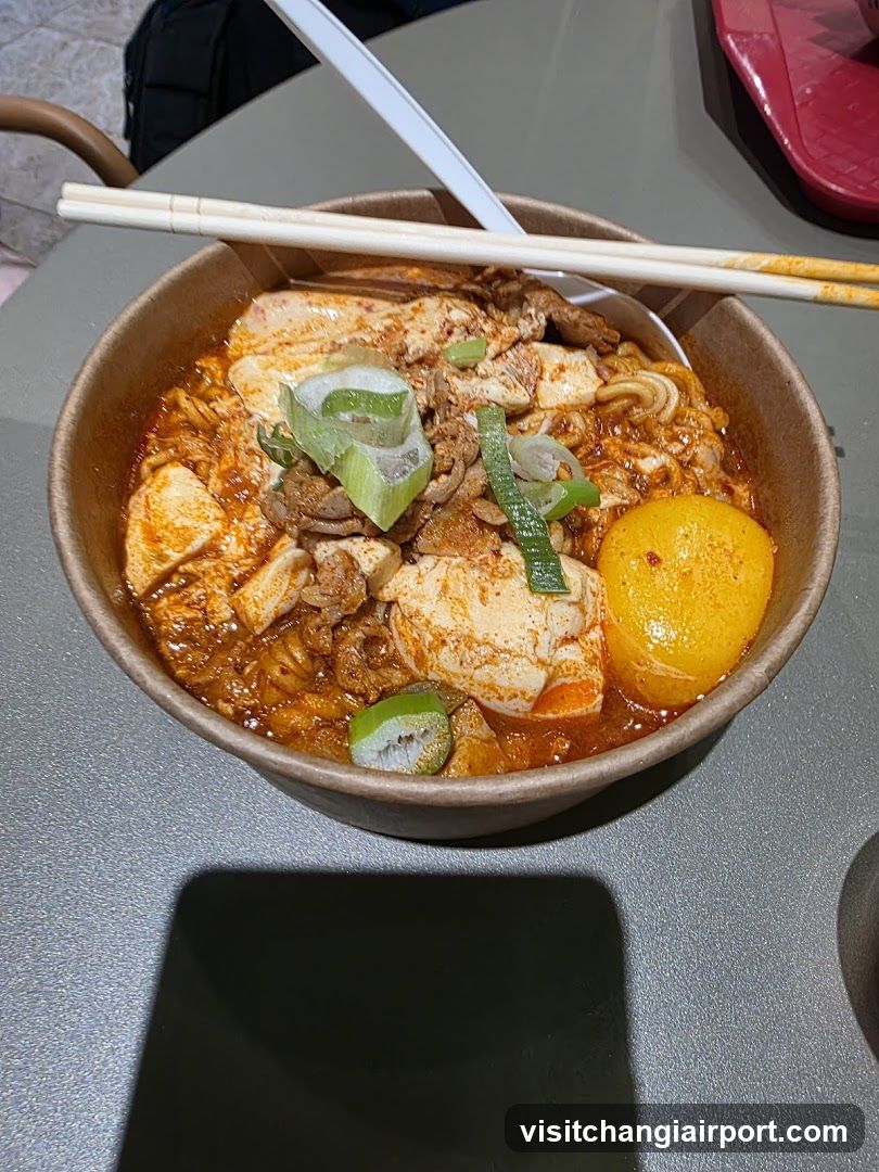 Bowl of spicy noodle dish with tofu and egg