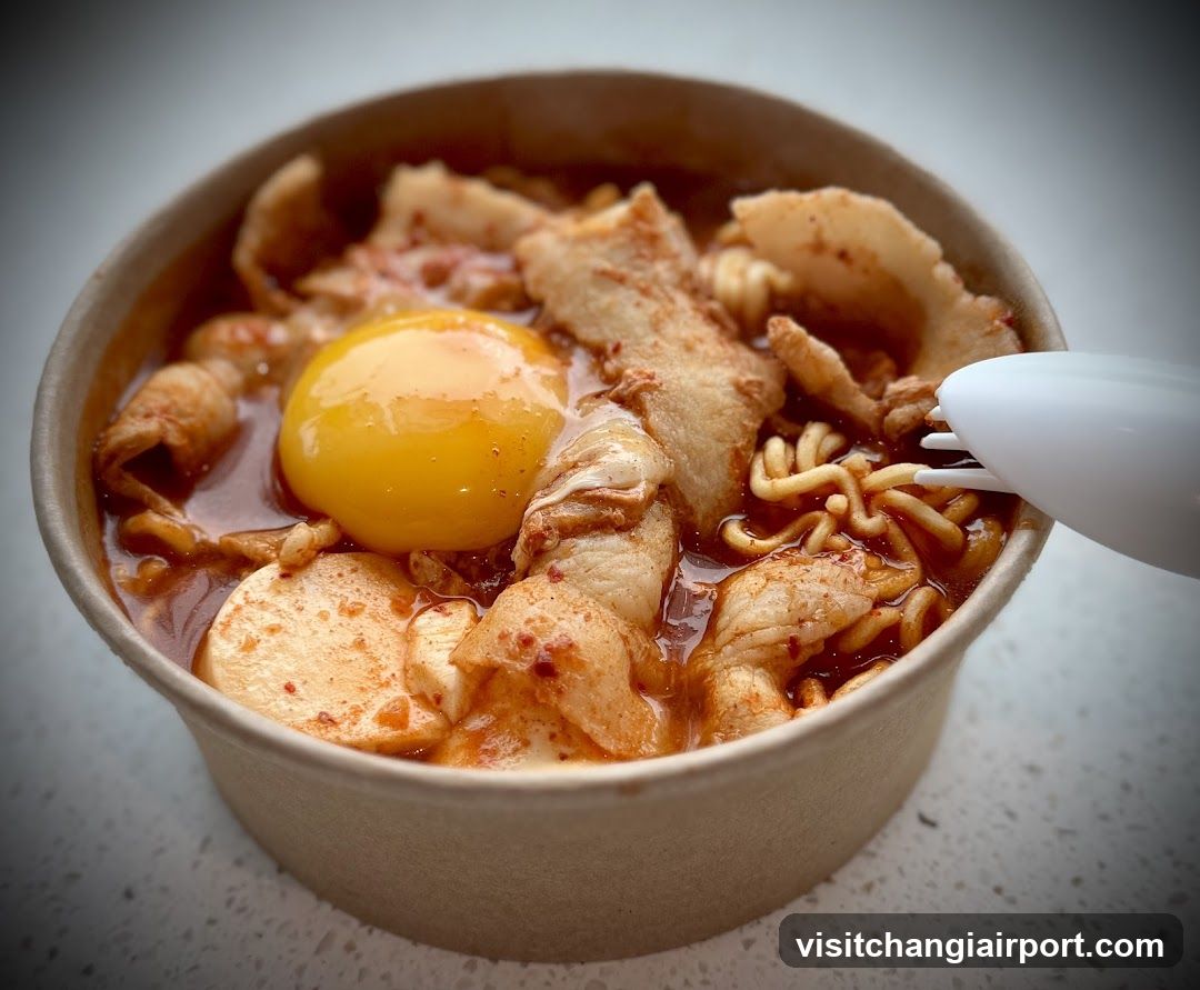 Bowl of spicy noodles with egg and meat