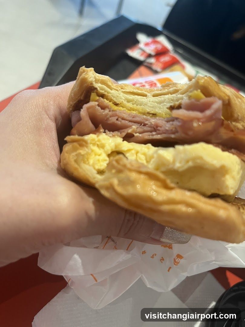 Hand holding a breakfast sandwich