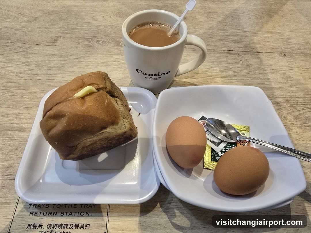 Breakfast Meal with Bread, Eggs and Coffee