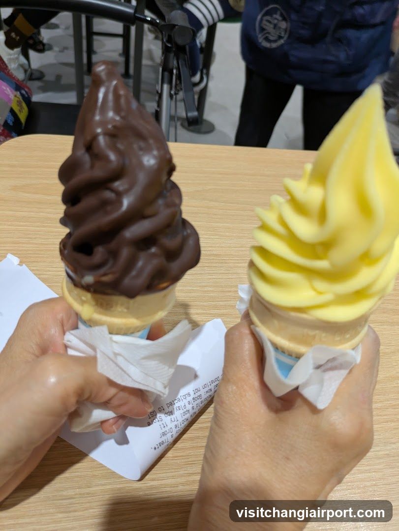 Two soft-serve ice cream cones held in hands