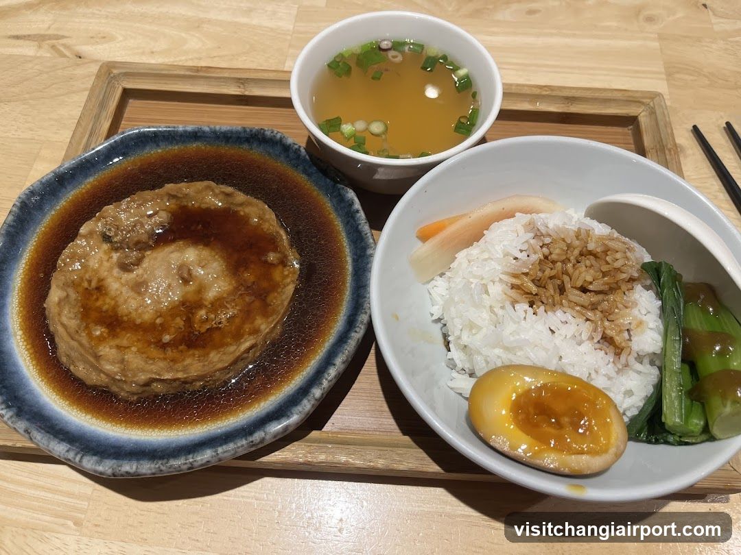 Japanese-style meal on wooden tray